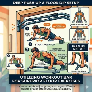 An illustration of a removable workout bar placed on the floor being used for deep push-ups.