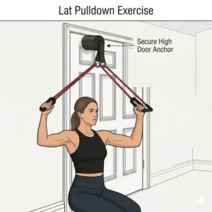 Illustration of a user performing a lat pulldown exercise using a secured stretch band door anchor.