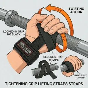 Illustration of a lifter tightening their grip on lifting straps straps by twisting the barbell tightly into the palms.