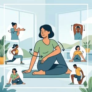 A person in a seated position performing a torso twist, an important core stretch out stretch.