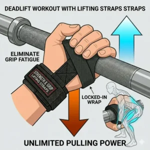 An athlete performing a heavy deadlift using protective lifting straps straps to eliminate grip fatigue.