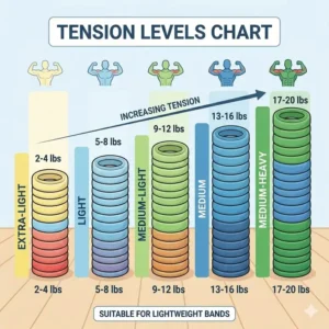 A graphic comparison showing different colors of lightweight resistance bands representing extra-light to medium tension levels.