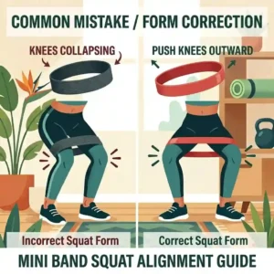 6. A diagram showing correct squat form versus incorrect knee caving when using mini bands for resistance.