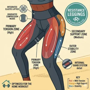 A graphic highlighting the specific muscle groups targeted by built-in bands in resistance leggings.
