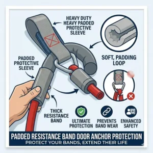 Close-up illustration of a padded door anchor loop designed to protect resistance bands from friction damage.
