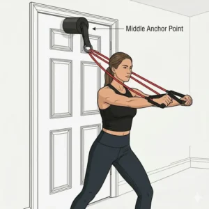 Illustration demonstrating a chest press workout using a mid-height mounted stretch band door anchor.