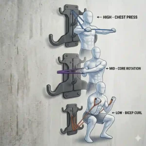 Close-up of the hook system on a resistance band wall mount compatible with all types of exercise bands.