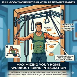 A line art illustration showing resistance bands looped around a home workout bar for full-body training.