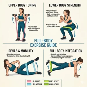 A diagram illustrating various full-body movements possible with light resistance exercise bands, including squats and overhead presses.