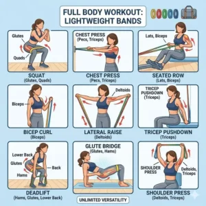 A multi-panel illustration showcasing various exercises possible with lightweight resistance bands, including squats, rows, and presses.