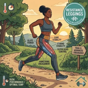 An athlete running outdoors in a park wearing breathable and durable resistance leggings.