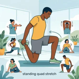 A standing person holding their foot for a quadriceps pull during a stretch out stretch routine.