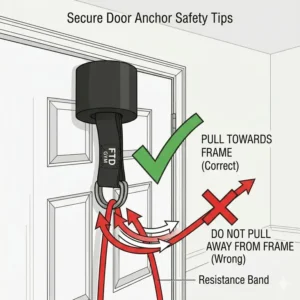 Safety diagram showing the correct way to pull a stretch band door anchor toward the frame.
