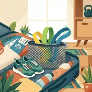 7. A small mesh travel pouch packed with mini bands next to a water bottle and sneakers in a suitcase.