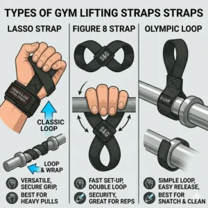 Comparison diagram highlighting lasso, figure 8, and olympic styles of fitness lifting straps straps.