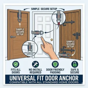 Illustration demonstrating a resistance band door anchor fitting securely into various home door frames.