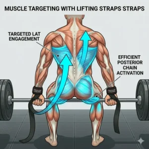 Fitness graphic showcasing how using lifting straps straps isolates back and lat muscles during heavy pull exercises.