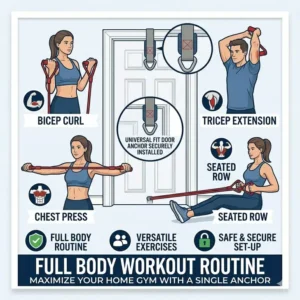 Infographic showing different exercises possible using a single resistance band door anchor.