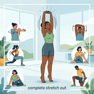 A full-body illustration of a person reaching high towards the ceiling for a complete vertical stretch out stretch.