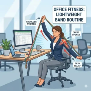 An illustration of a professional using lightweight resistance bands for quick arm stretches while sitting at a computer desk.