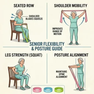 A senior adult performing seated rows with a light resistance exercise band to improve posture and upper body strength.