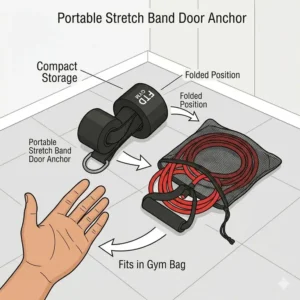 Illustration showing the portability and compact storage of a stretch band door anchor in a gym bag.