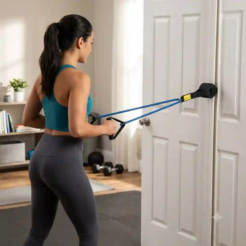 A person setting up and using an exercise band door anchor for a home workout.
