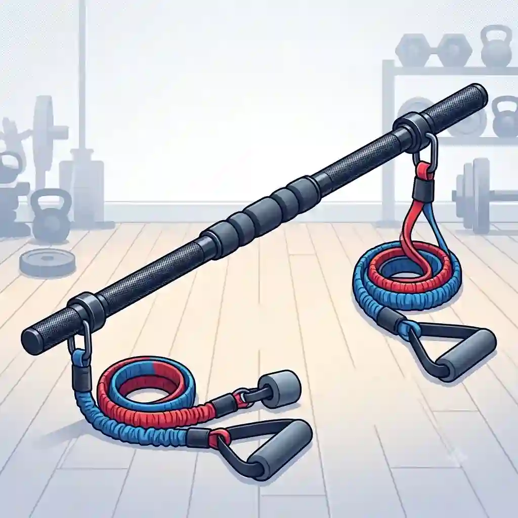 A complete, high-quality professional illustration of the bar for exercise bands, shown with its red and blue variable resistance bands, foam handles, and technical overview graph, set in a clean home gym background.