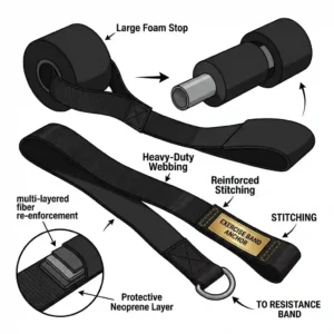 Diagram showing the heavy-duty webbing and components of an exercise band door anchor.