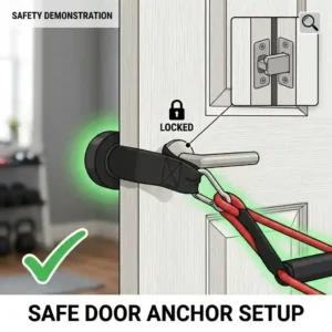An illustration showing how to safely set up a door anchor on a locked door.