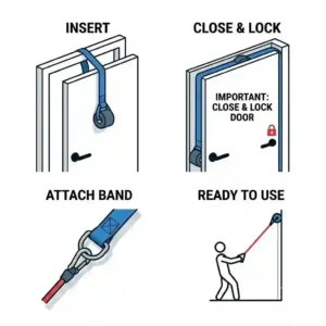 A step-by-step diagram showing how to safely install a resistance band anchor over a door frame.