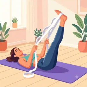 Close-up of an athlete using a fabric stretching exercise strap looped around their foot for a deep hamstring stretch.