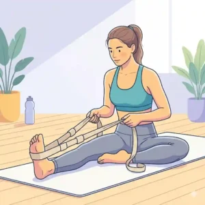 An anatomy illustration showing correct body alignment while using a stretching rope for a calf stretch.