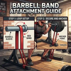 An illustration showing how to properly anchor a resistance band barbell configuration for safe training.
