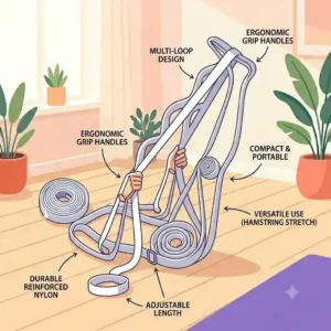 A durable nylon stretching exercise strap with multiple integrated loops laid out flat on a clean background.