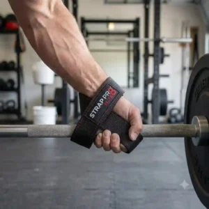 An athlete using heavy-duty figure 8 best lifting straps for weightlifting for a maximum effort deadlift.