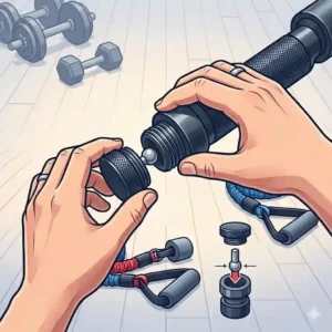 A detailed illustration showing how to perform a strong, controlled bicep curl using the bar for exercise bands and attached resistance tubes for strength training.