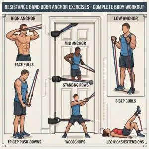 Infographic illustration of various upper and lower body exercises using a door attachment for resistance bands.