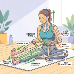 Line art illustration of a fitness enthusiast performing a lying hamstring stretch with a multi-loop stretching rope.