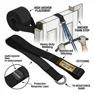 Illustration of a high placement setup using an exercise band door anchor for lat pulldowns.