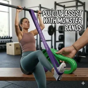 Heavy duty purple monster bands looped over a pull up bar providing resistance assist to a person exercising.