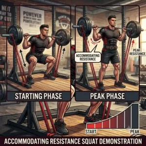 Vector illustration demonstrating the correct form for a resistance band barbell squat exercise.