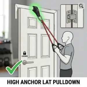 An illustration of a door anchor placed at the top of a door frame for high angle workouts.