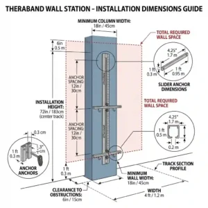A technical guide showing the space requirements for installing a theraband wall station.