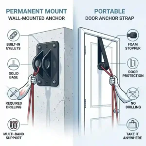 An infographic comparing a permanent wall-mounted resistance band anchor with a portable door anchor strap.