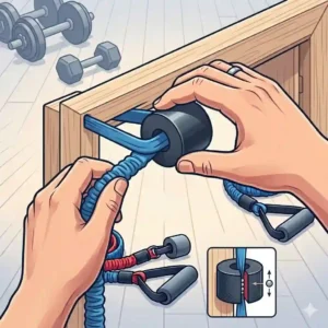 An intimate close-up illustration of hands gripping the central foam rings on the bar for exercise bands, highlighting the ergonomic, secure grip pattern.