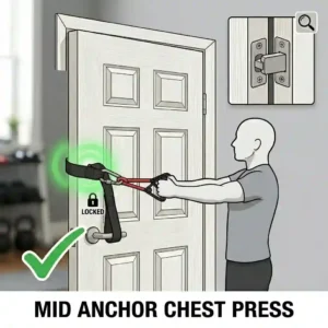 An illustration of a door anchor strap secured at the middle position of a door frame.