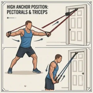 Illustration of a high-position door attachment for resistance bands being used for chest flyes and tricep extensions.