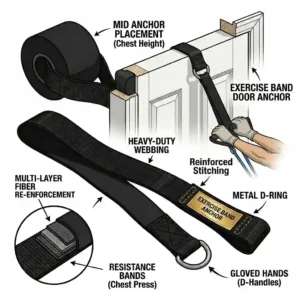 Resistance bands connected to an exercise band door anchor secured at chest height.