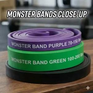 A graphic guide chart breaking down monster bands resistance levels by color band width and pound tension ratings.